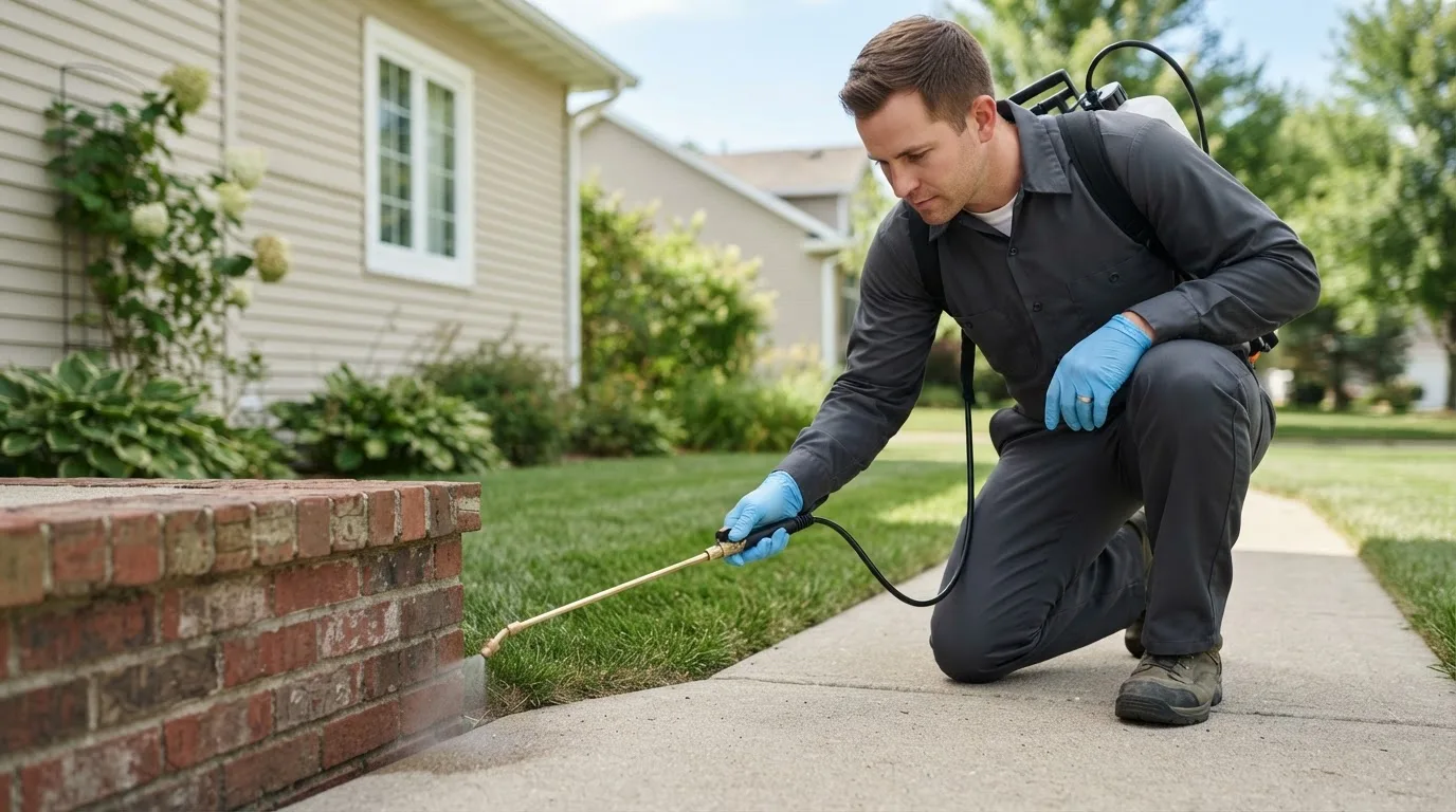 Pest control technician treating a home near Middleboro, MA